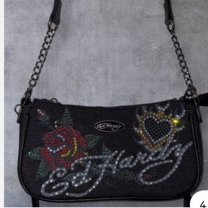 Ed Hardy Black Denim Rhinestone Shoulder Bag with Embroidered Rose & Heart